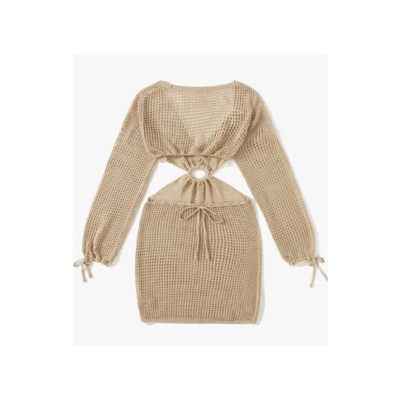 Tan Crochet Long Sleeve Knit Swim Beach Crochet Dress Cover Up - Picture 4 of 10